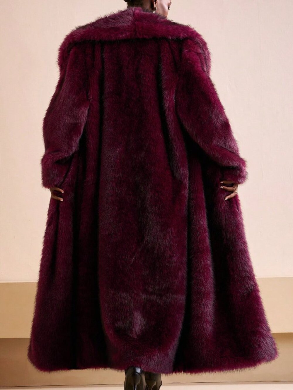 Burgundy Ombre Casual Fluffy Women's Faux Fur Parka Coat - Picture 2 of 6